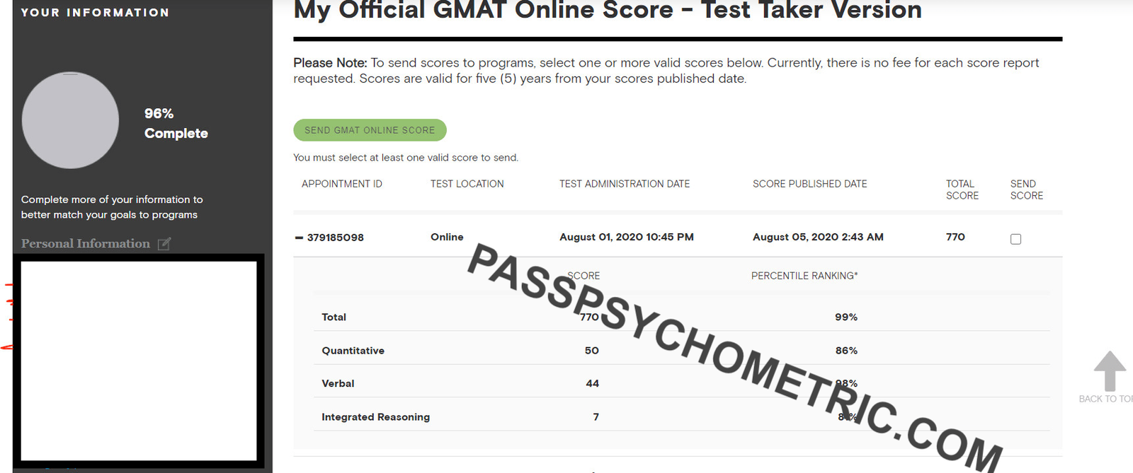 GMAT Score 770 - GRE Verbal, GRE Quantitative Reasoning, GRE Analytical Writing - PASSPSYCHOMETRIC.COM