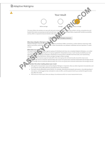 Ascend by Assessio MATRIGAMA Psychometric Tests RESULT OUTCOME PASSED ABOVE AVERAGE SCORE