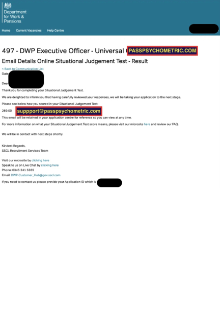 Department of Work & Pensions Test DWP Psychometric Tests RESULT OUTCOME PASSED Invite to Interview