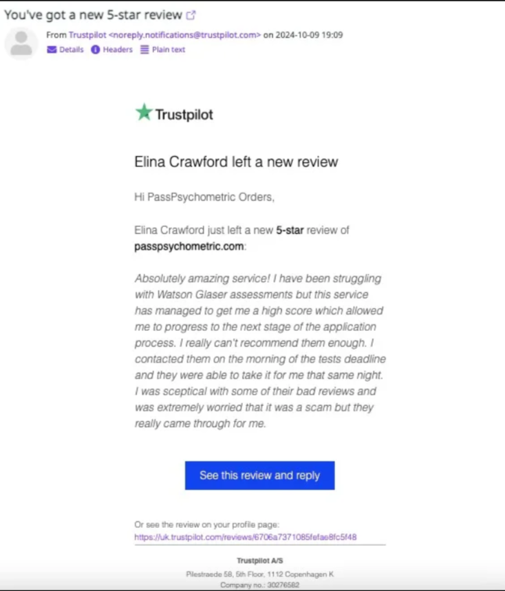 Watson Glaser Trustpilot Review - 5 Star Recommendation