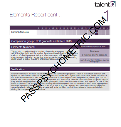 TalentQ 85th Percentile % Score RBS Numerical Reasoning Feedback